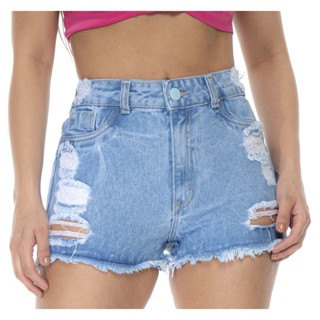 Shorts Jeans Feminino Cintura Alta Bermuda Levanta Bumbum Com Rasgo Desfiado Blogueira