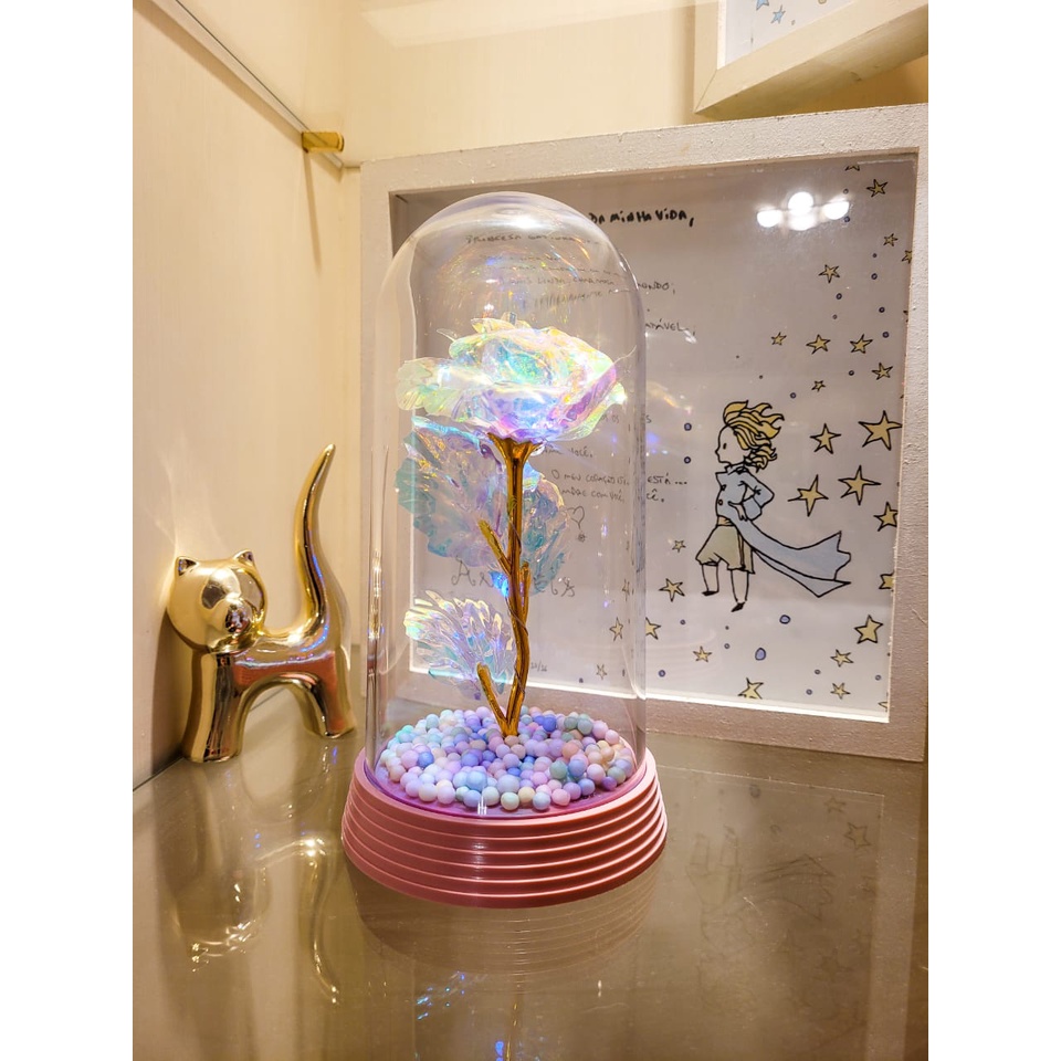 Luminária A Rosa Encantada Galáxia A Bela E A Fera com Bolinhas 20 cm Presente para namorada Rosa Mística O Pequeno Príncipe