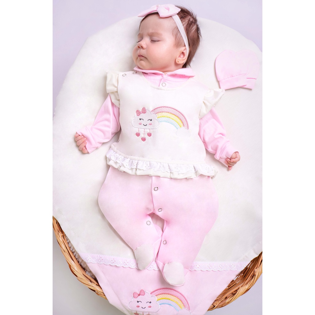 Saída de Maternidade Para Bebê Menina Nuvem 04 Peças Arco Iris