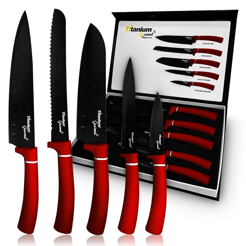 Kit Jogo de Facas de Cozinha Profissional Antiaderente 5 Peças Inox Vermelho