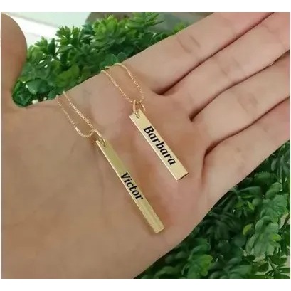 Colar Gargantilha Pingente Palito 4cm OU 3cm Barrinha 3D Personalizada Nome Banhada Folheada Ouro 18k -Semi Joias
