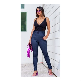 Calça Skinny Alfaiataria Bengaline Com Cinto Removivel E Ciper Cos Alto