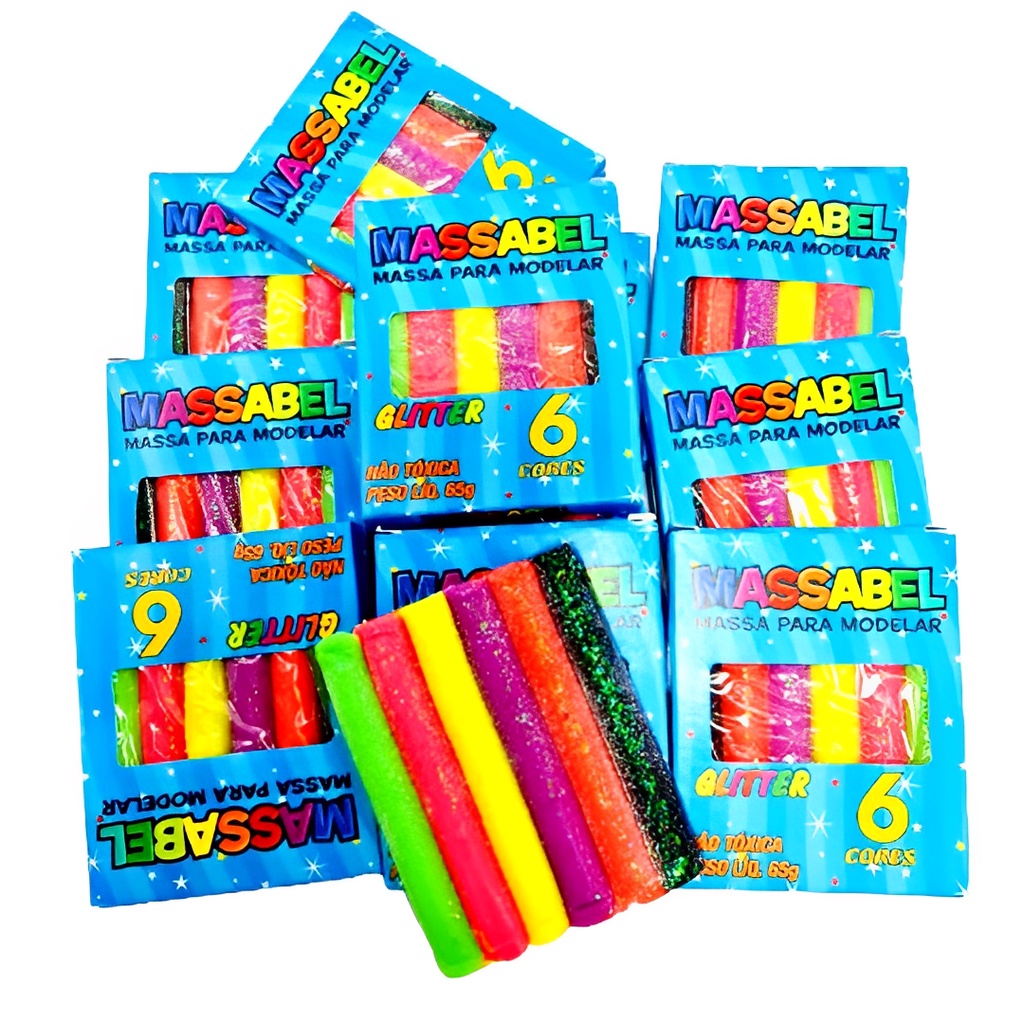 Kit 36 Massinha de Modelar com Glitter Gliter Atóxica 6 Cores Diferentes 65g - Massabel