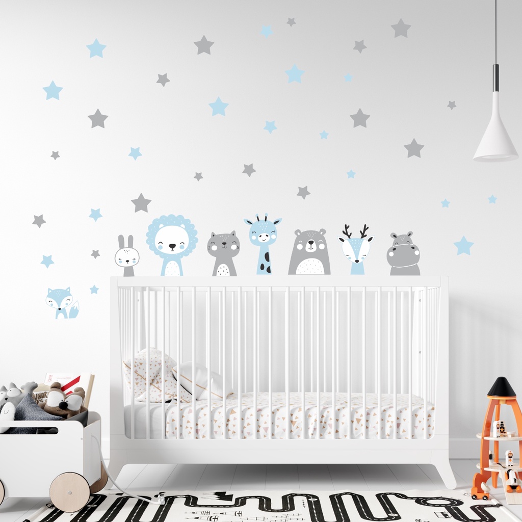 Adesivos de Parede Infantil Animais Bichinhos baby e Estrelas Safari decoração quarto de bebê Menina Menino