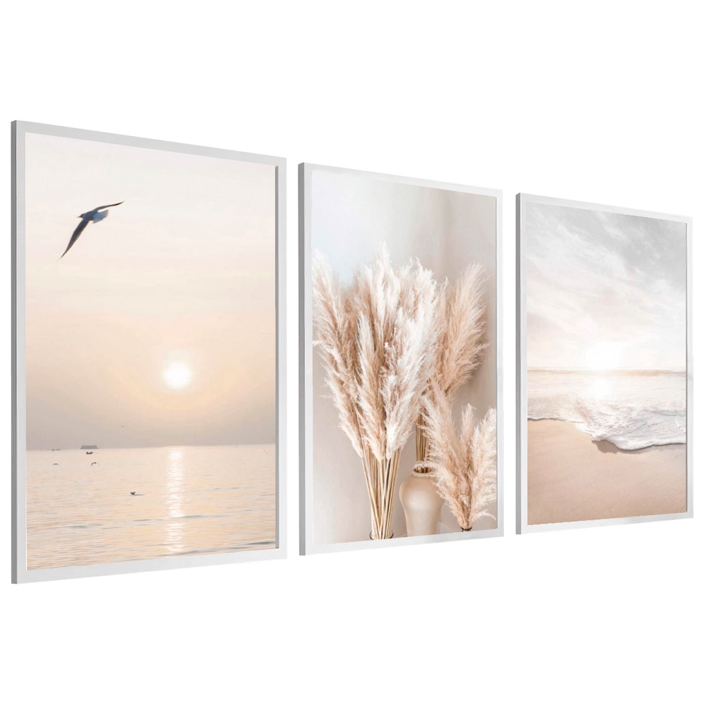 Trio Quadros Decorativos 40x60 Moldura Sala Quarto Escritório Praia Minimalista