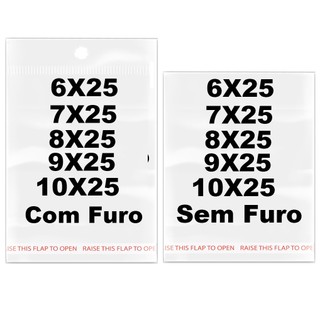 kit 100  aba Saco Adesivado Saquinho Transparente Plástico 7x25 6x25 8x25 9x25 10x25 +3cm saquinhos com furo solapa