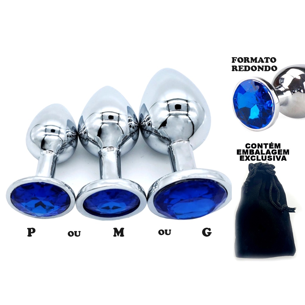 Plug Anal Jóia Aço Inoxidável P M e G Redondo Pedra Azul Prateado Brinquedo Sexual