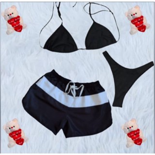 Kit Praia 3 Peças 1 Short Tactel 100 % poliester Feminino + Conjunto Biquini Suplex Parte de Cima Cortininha + 1 Calcinha Asa Delta Fio Dental sem bojo