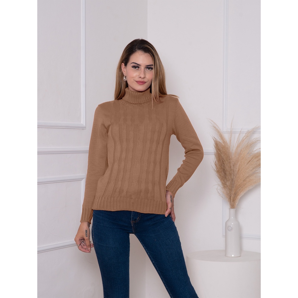 Blusa Trico Feminina Gola Alta Cacharreal Manga Longa com detalhe ilhos