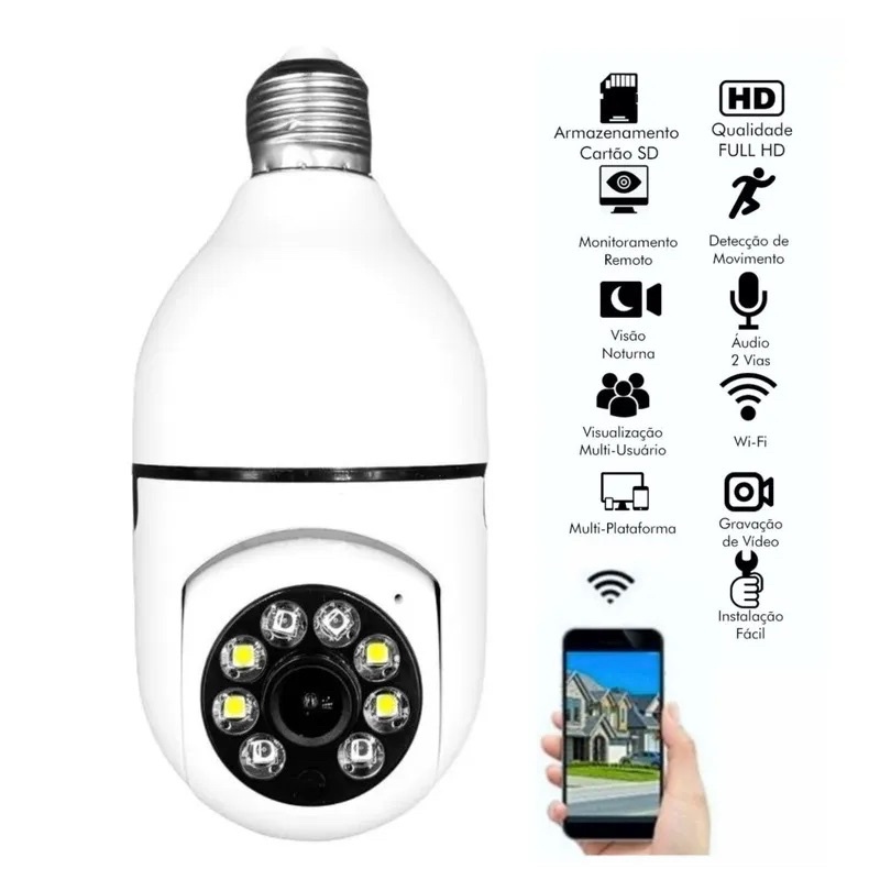 Câmera Wifi Ip Sem Fio Giratória 360 com encaixe Lampada Bocal rosca Ptz Full HD visão noturna segurança - bivolt