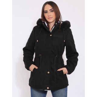Casaco Parka Lã Batida Feminino Bolsos Zíper Pelinho Capuz Moda Inverno