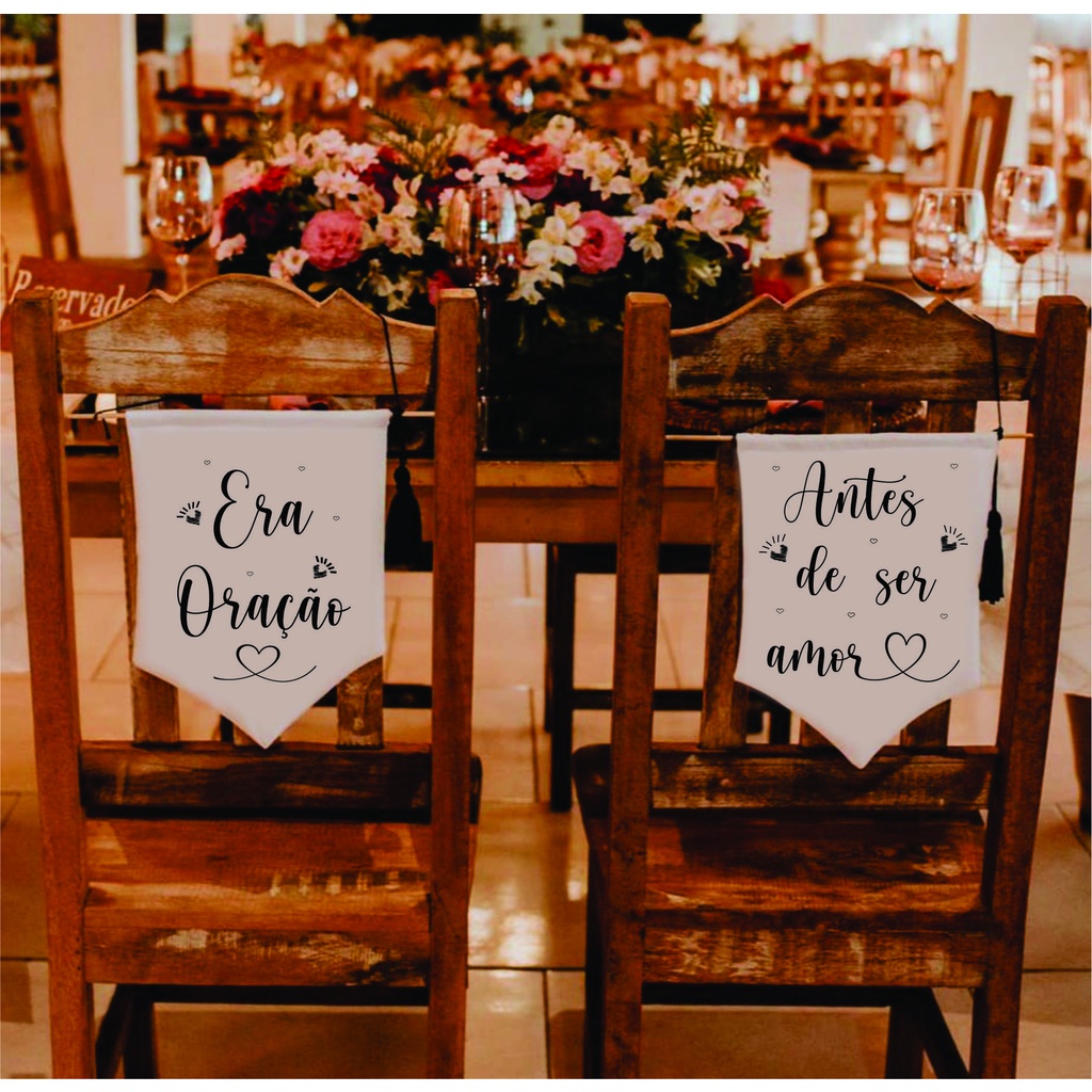 Par de Flamulas /banner decorativas para cerimonia de casamento, cadeira dos noivos. várias frases disponíveis em Oferta na Shopee
