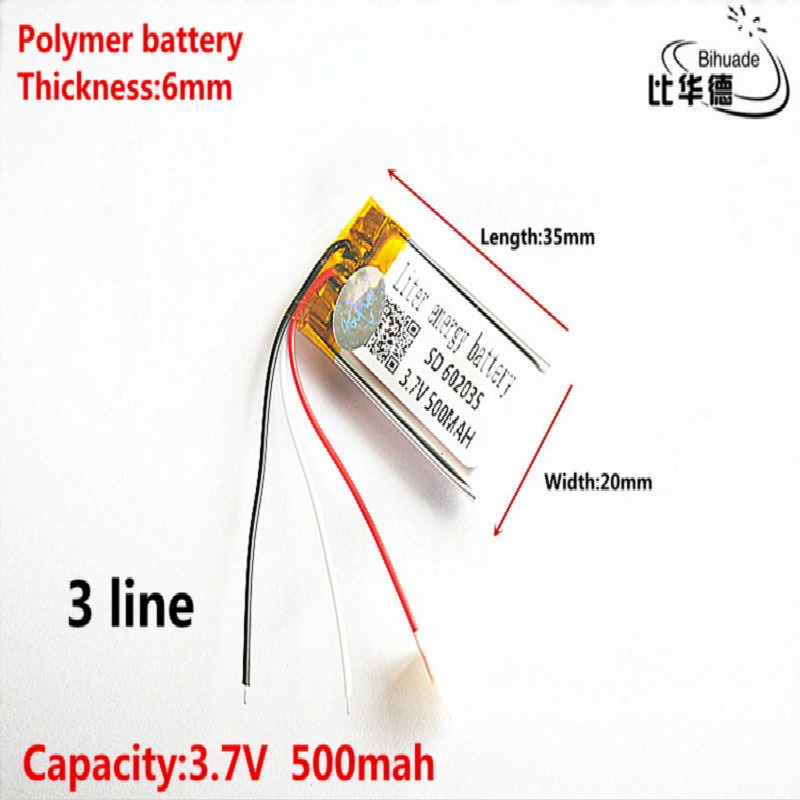 Bateria 602035 Com 3 Fios 500mah 6mm X 20mm 35mm -