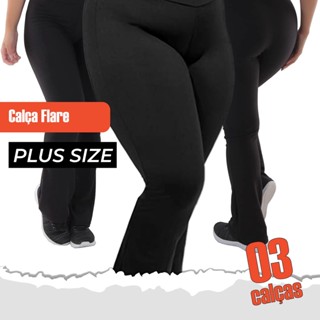 Kit C/3 Calças Legging Plus Size Bailarina Boca de Sino Preta Cós Alto