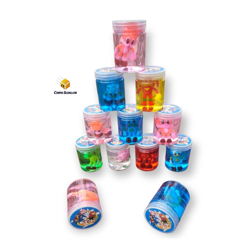 Slime coloridos de personagens com boneco surpresa - Sonic, Patrulha Canina, Dragon Ball Z, Naruto e Unicórnio