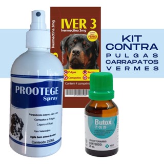 Kit Antipulgas e Vermífugo - Iver 3 + Prootege Spray 250 mL + Butox 20 mL