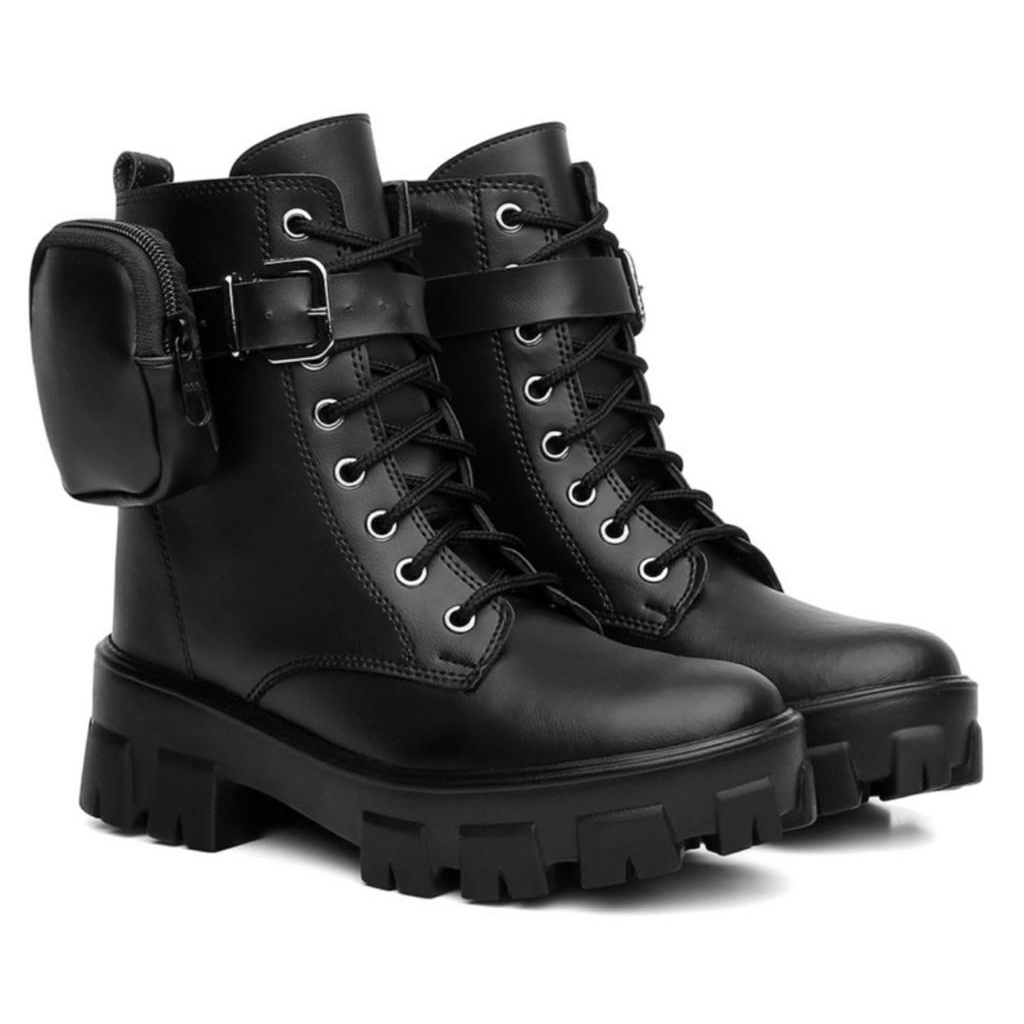 Bota Coturno Feminina Casual Solado Tratorada Estilo Militar Com Bag Bolsinha Removivel