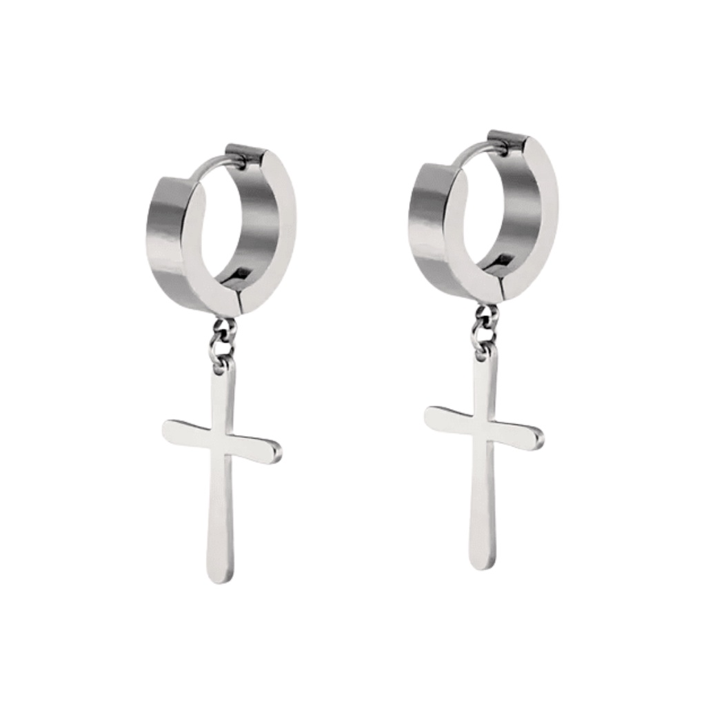 Argola com Cruz, ou sem cruz, Par Brinco, Masculino, Cruzcifixo Reto, Aço Inox, Antialérgico