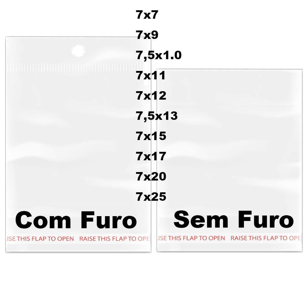 KIT 100 Saco Adesivo Saquinhos transparente FURO 7x7 7x9 7,5x10 7x11 7x12 7,5x13 7x15 7x17 7x20 7x25 7,5x13 FUROS SOLAPA para embalagem grande maior de Joias Bijuterias Presente em Oferta na Shopee