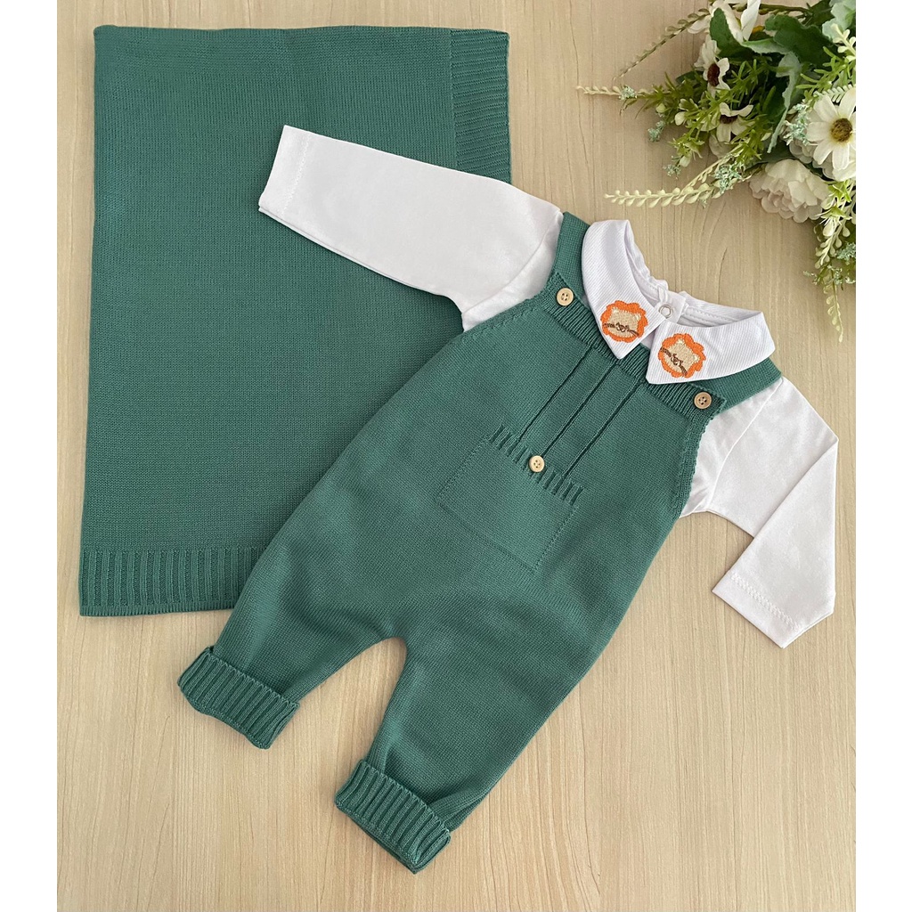 Saída de maternidade verde esmeralda leão tricot 3 peças completa