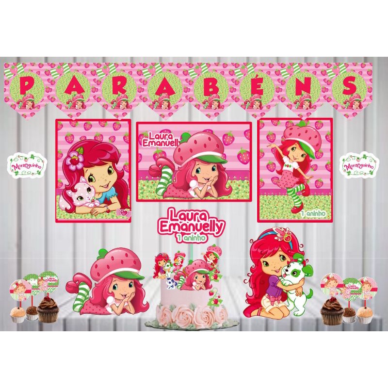 ENVIO RÁPIDO Kit festa Moranguinho - Morango|Personalizado Bolinho Aniversário 40 itens Lembrancinha