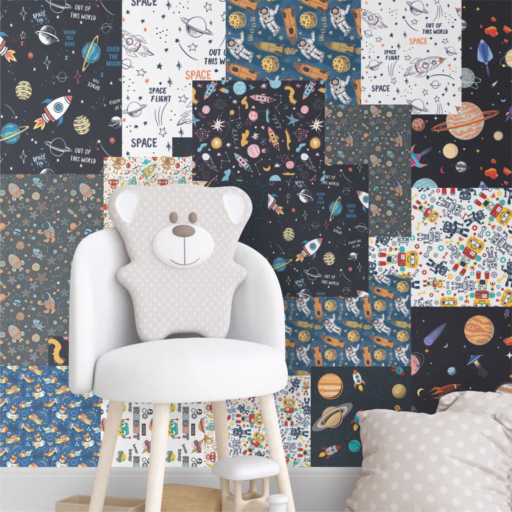Lambe Lambe Adesivo Kit Cartaz Astronauta Infantil Nave Espacial Foguete Planetas L360