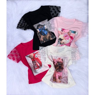 Blusinha Infantil T-Shirt manguinha Tule com elastano