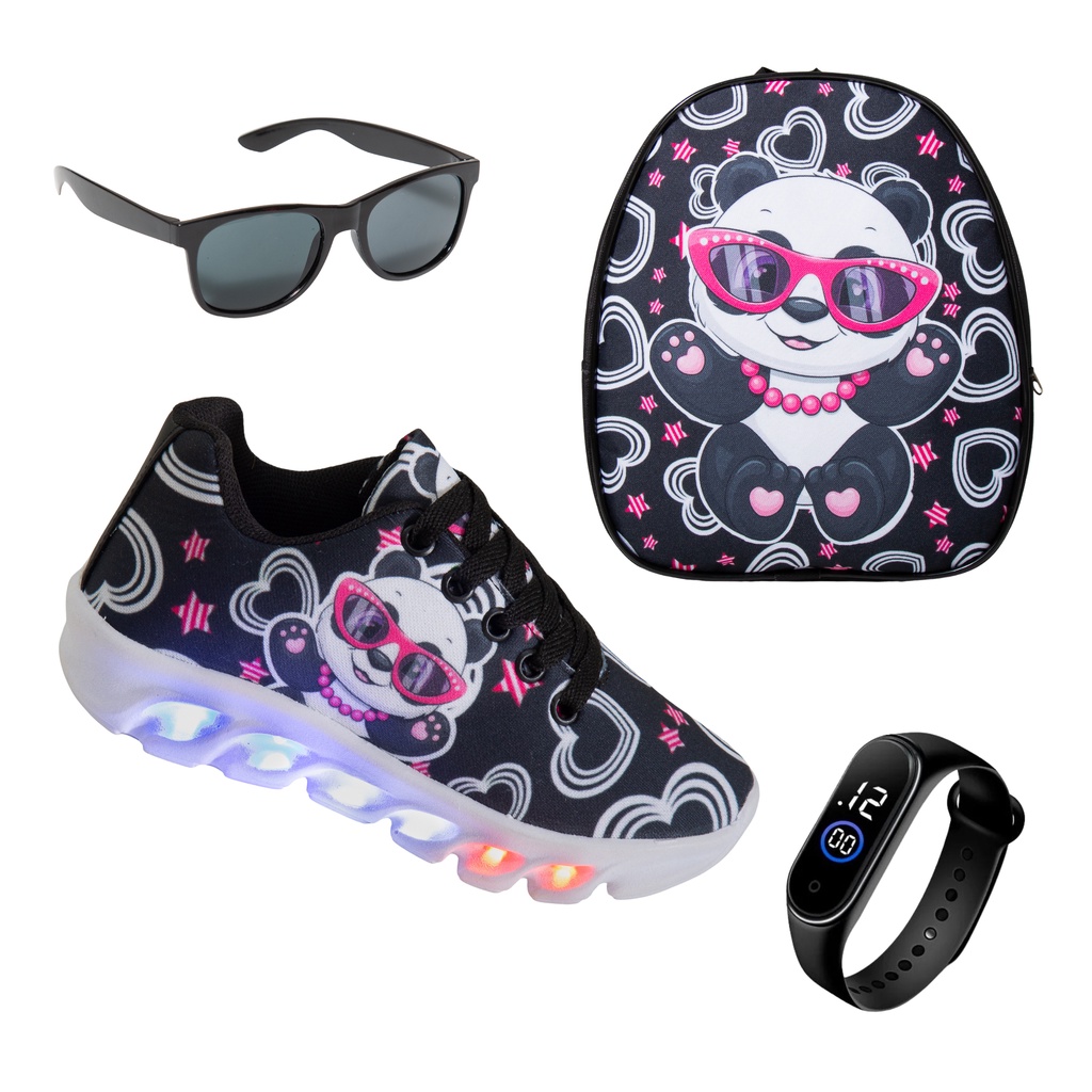 Kit Tenis Infantil Feminino Pandinha Com Mochila + Relogio + Óculos Led Pisca Pisca Macio E Confortavel