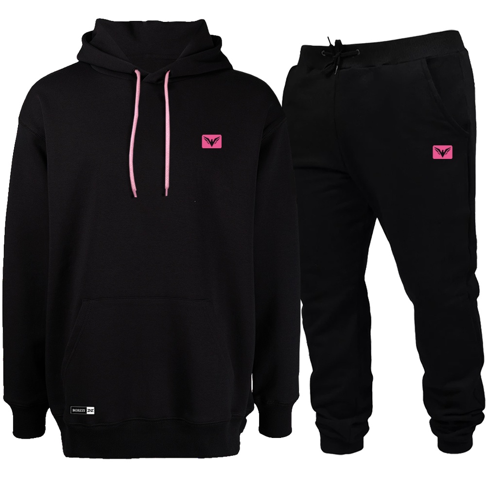 Conjunto de Moletom Preto Blusa De Frio + Calça Abrigo Feminino Masculino Cordão Rosa Original