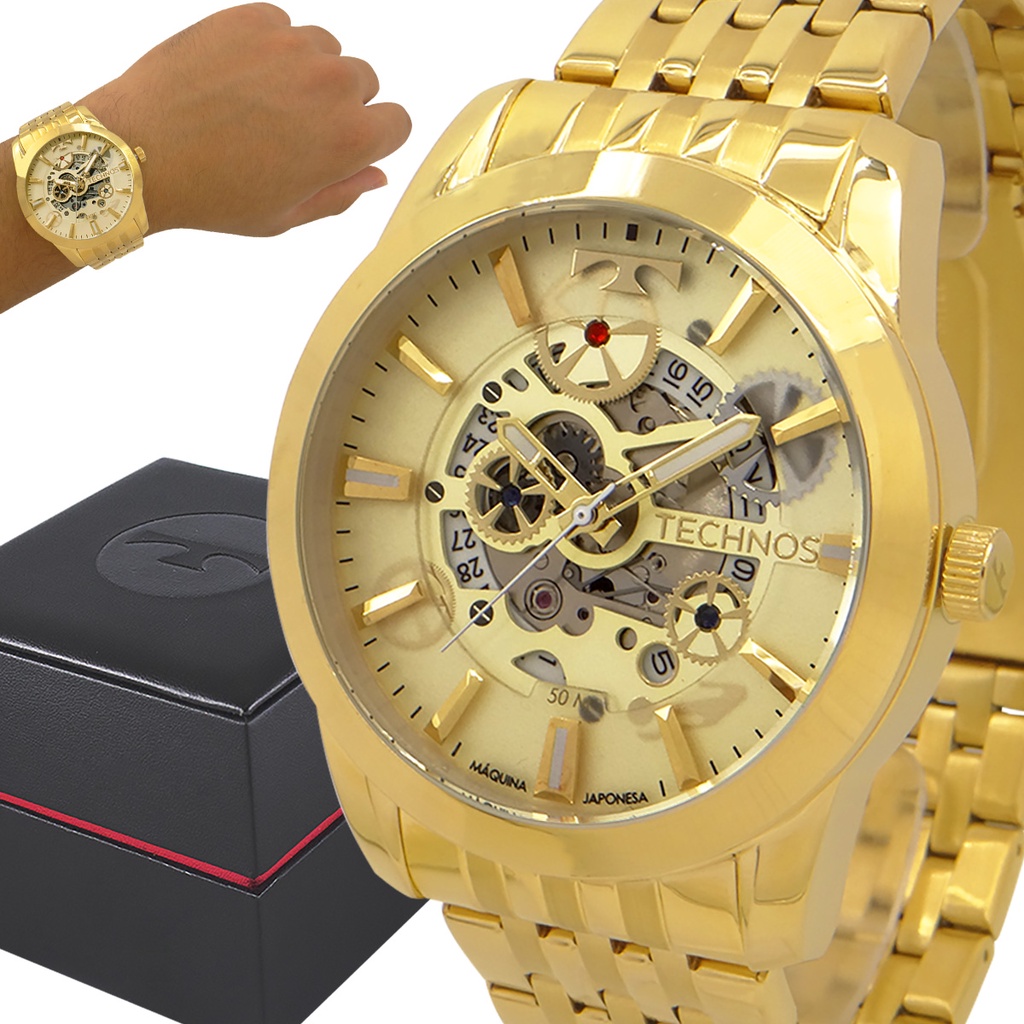 Relógio Dourado Masculino Technos Automático 1 Ano De Garantia Original