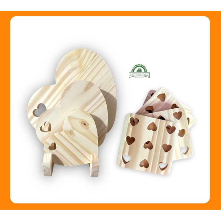 kit tabuas coração descanso de panela e suporte em madeira pinus decoração mesa posta frios queijos fondue petisqueira bandeja cozinha