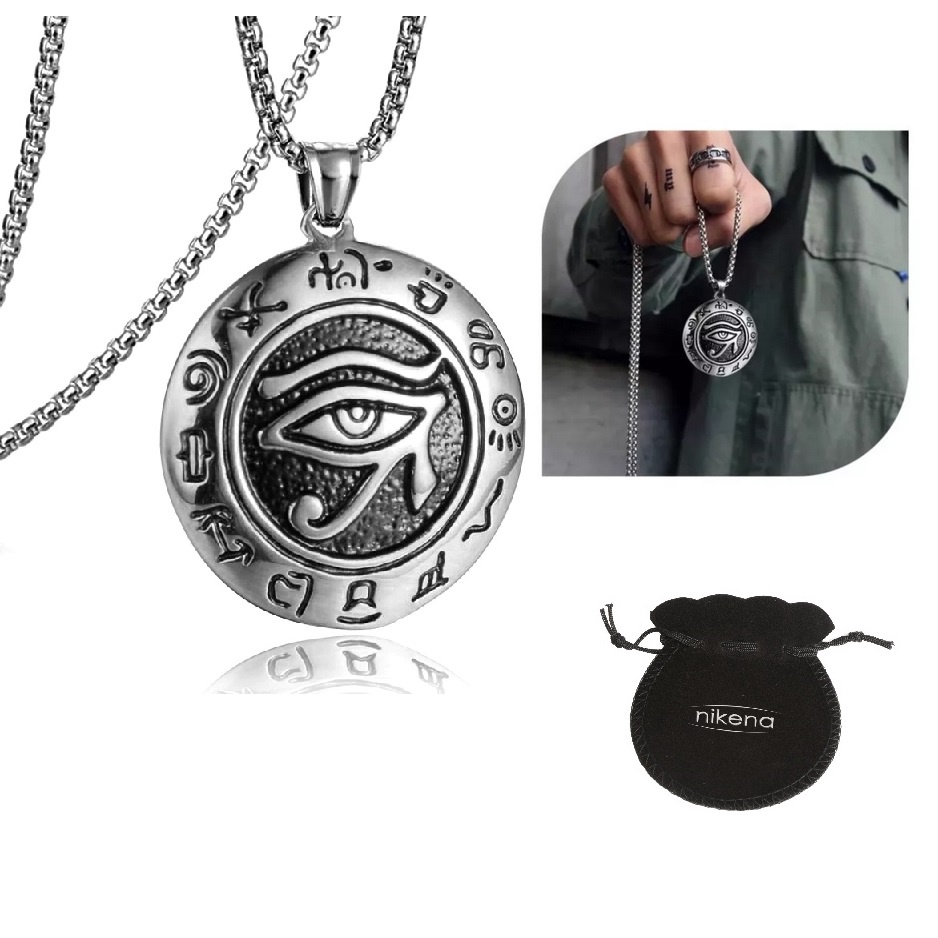 Colar Masculino Olho de Hórus de Aço Inoxidável 316L Com Saquinho de Veludo : Antigo Egito : Egípcio : Orus Horus