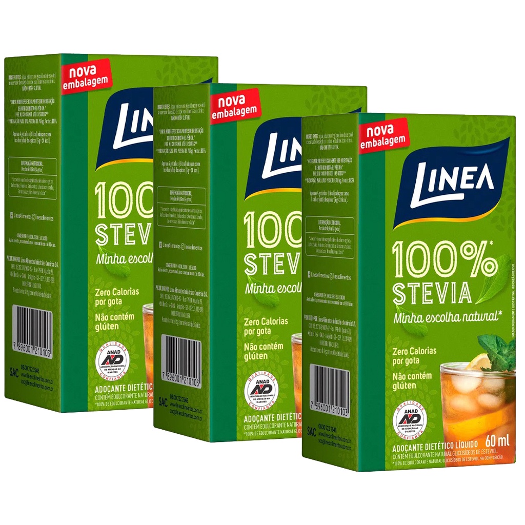 Kit 3 Adoçantes 100% Stévia Líquido Linea Sem Glúten 60ml