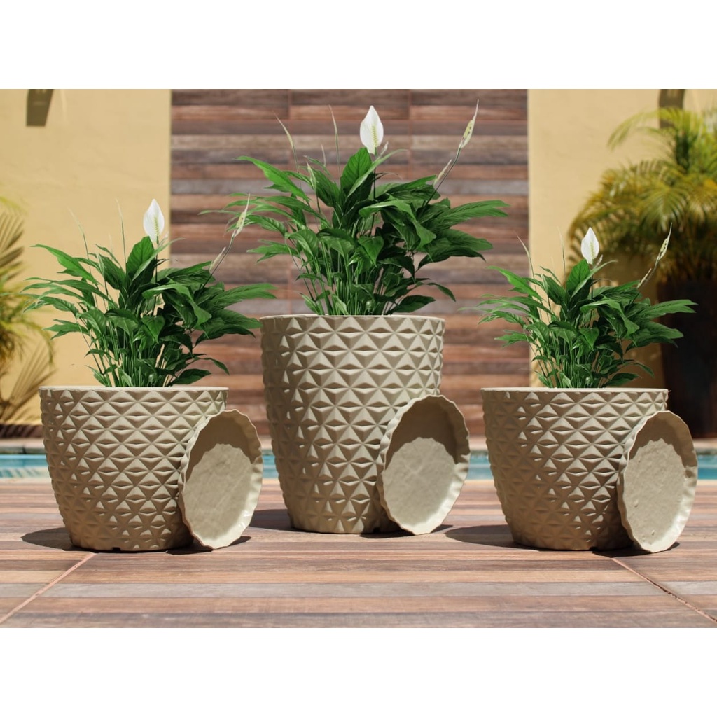 Kit 3 Vaso Decorativo para Plantas de Polietileno Diamante Coluna e 2 Bojo N1 c Prato
