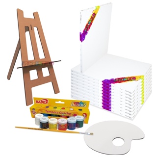 Kit Pintura 10 Telas Pintura 15X20 + 1 Mini Cavalete + 6 Tintas + 1 Pincel + 1 Paleta para Tintas em Oferta na Shopee