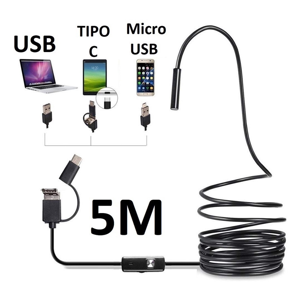 Câmera Sonda Endoscópica Boroscópio - Android - PC- Notebook - Prova d´agua- Foto- Inspeção -5m em Oferta na Shopee