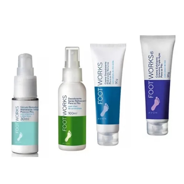 Creme Hidratação Profunda para Pés Extrassecos 90g /Esfoliante Para os Pés Tripla Ação - 80g/ Sérum Hidratante Intensivo para os Pés 30ml/ Spray Refrescante Para os Pés - 100ml/ Footworks Avon