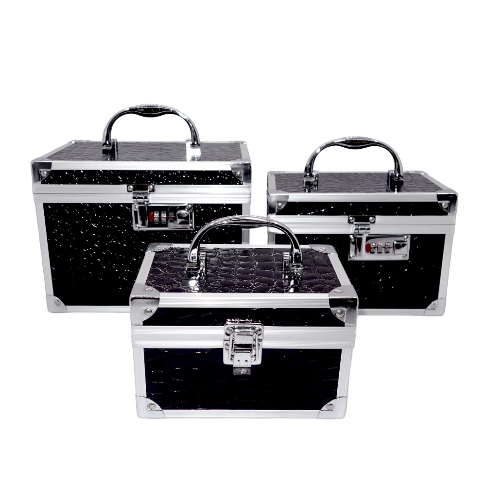 Kit 3 Maletas de Maquiagem Profissional com Segredo Numérico Luxo Preta Croco - Tamanhos P M G