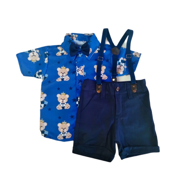 Conjunto URSINHO PRÍNCIPE - Roupa de Festa Temática para Aniversário Infantil Menino CONJUNTO SUSPENSÓRIO Kit 4 Peças Camisa Gravata Bermuda e Suspensório
