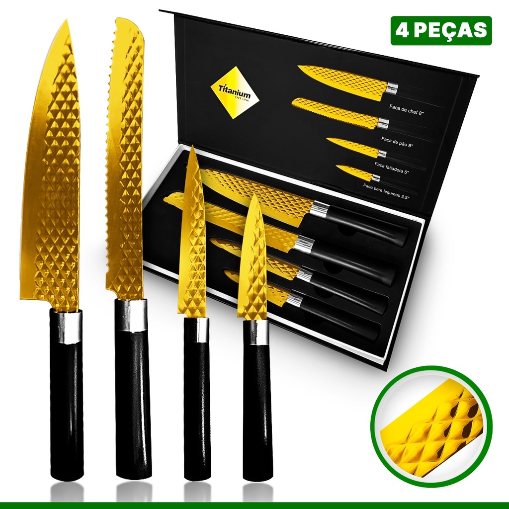 Kit Jogo de Facas de Cozinha Profissional Antiaderente 4 Peças Inox Dourado Deluxe