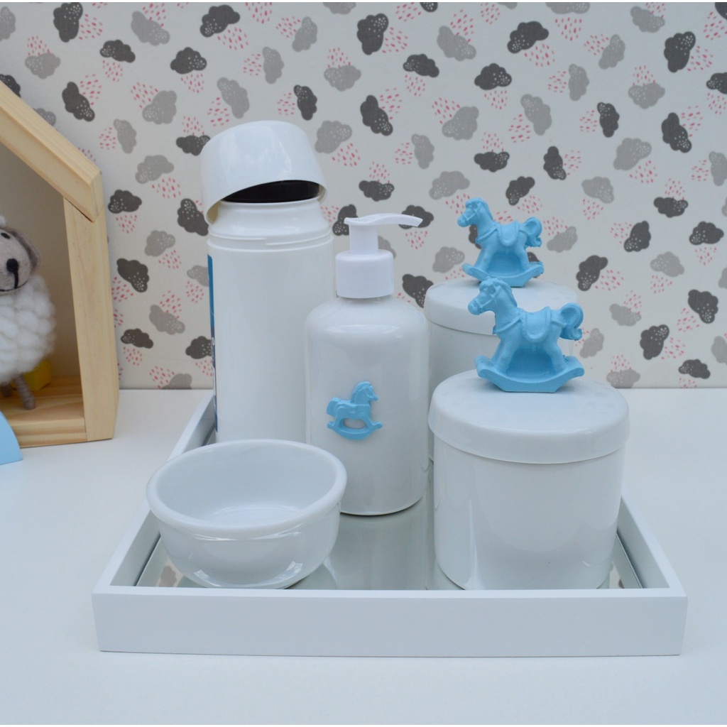 Kit Higiene Bebê Banho K010 Azul Completo Moderno Potes Algodão Porcelana Bandeja Branca Termica