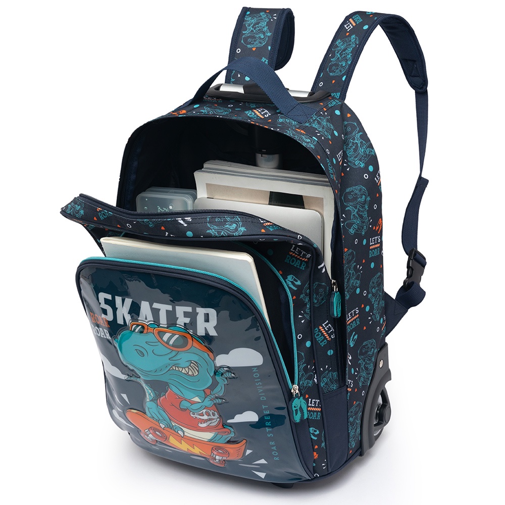 Detalhes do Mochila Infantil de Rodinhas Menino Dino Skate Escolar C/ Lancheira Estojo