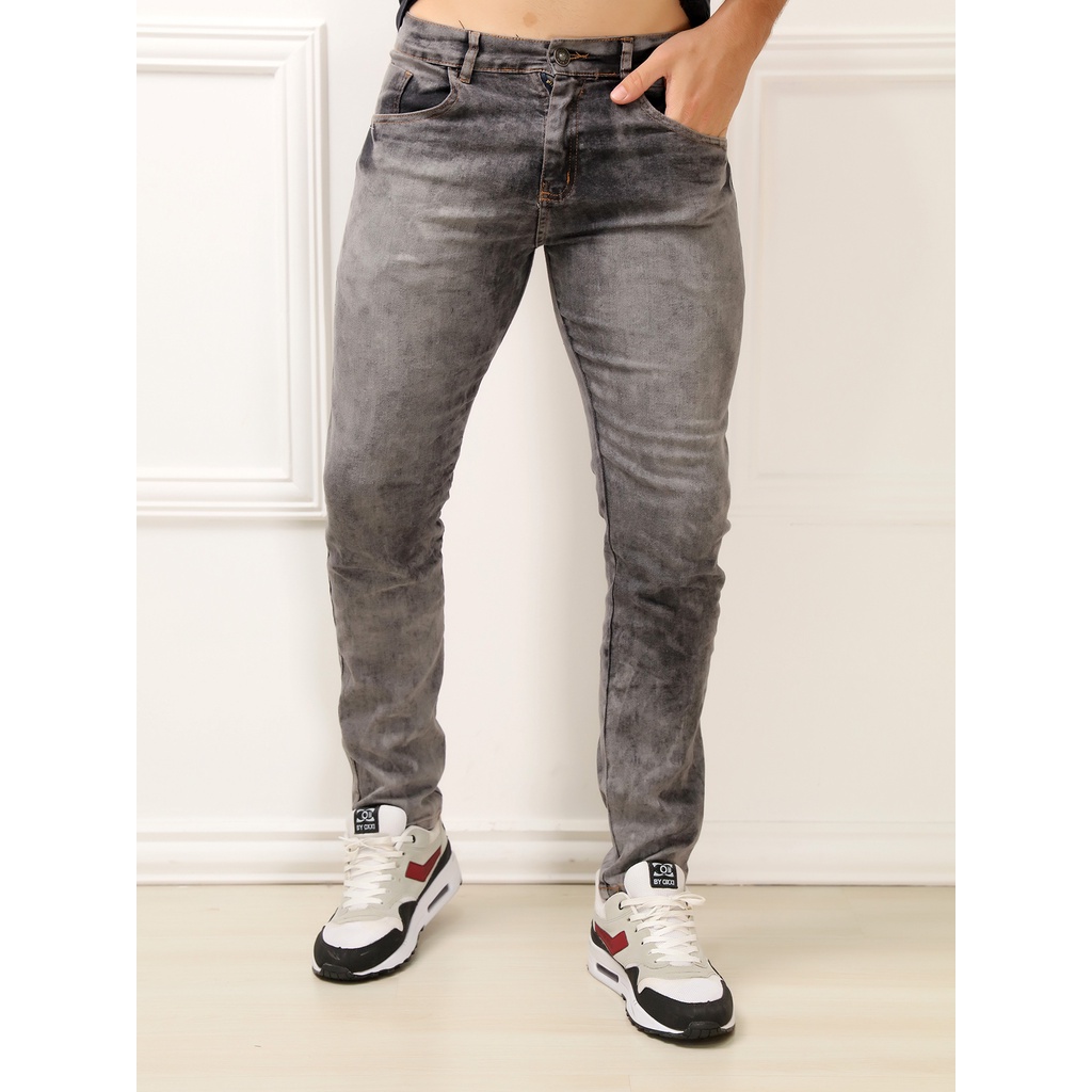 Calça jeans cinza lavada manchada slim TOP em Oferta na Shopee