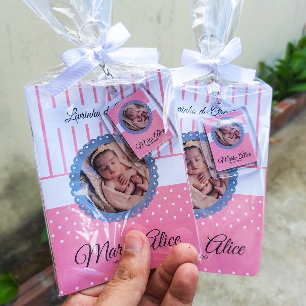 10x Lembrancinha Batizado + Chaveiro Personalizado - Livro de Orações - Livro Batizado/Batismo