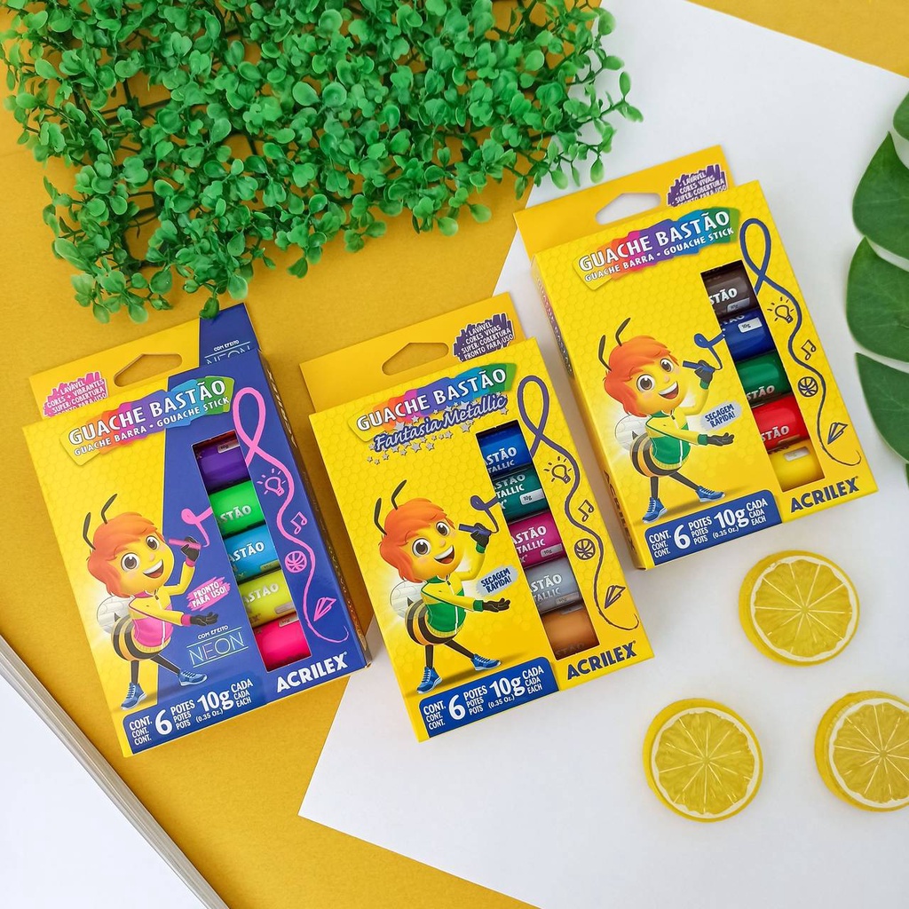 Tinta Guache em BASTÃO 6 Cores - Acrilex | Metálica Tradicional Neon em Oferta na Shopee