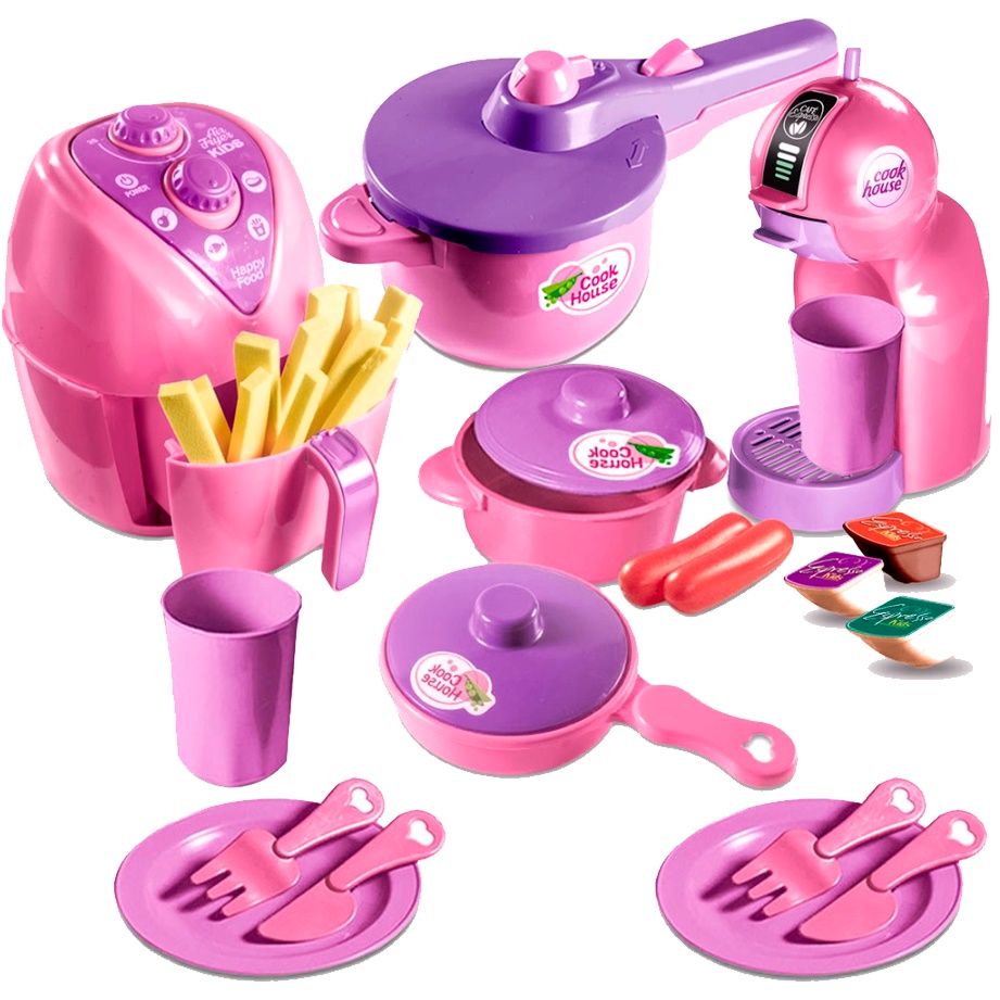 Kit com 17 peças infantil faz de contas cafeteira airfryer brinquedo