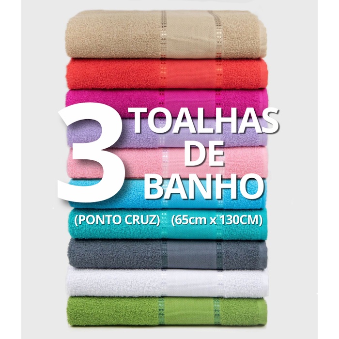 Kit 3 Toalhas de Banho para Bordar Ponto Cruz 270 g/m2 - Felpuda Macia - 100% Algodão Fio 16/1 em Oferta na Shopee
