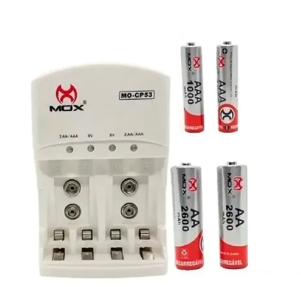 Carregador De Pilhas e Baterias Mox + 2 Pilhas AA e 2 Pilhas AAA