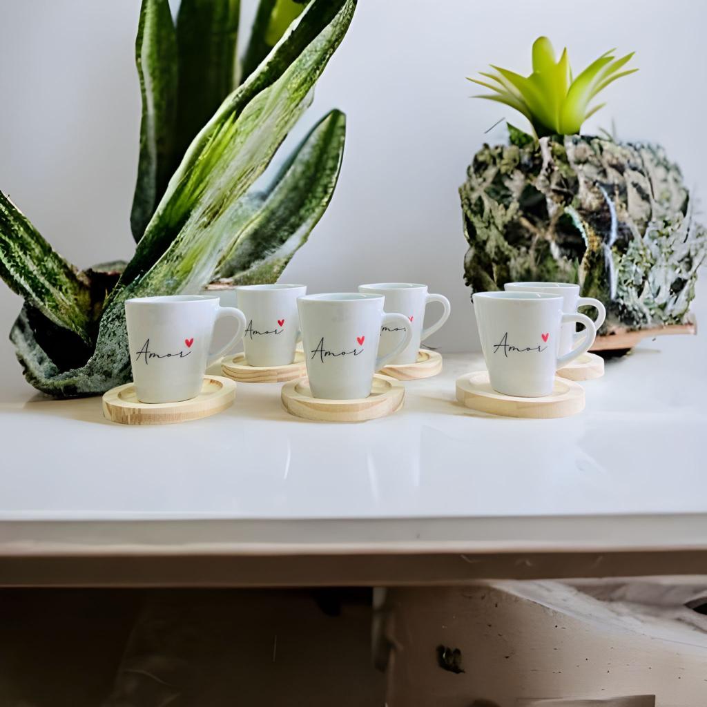 Kit 6 Xicaras canecas Porcelana Branca  Pires De Madeira