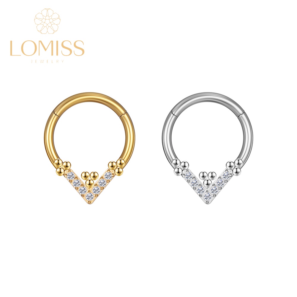 Piercing Argola Clik Aço Cirúrgico PVD  Detalhe V Zircônia Cravejada《Lomiss semijoias》 em Oferta na Shopee